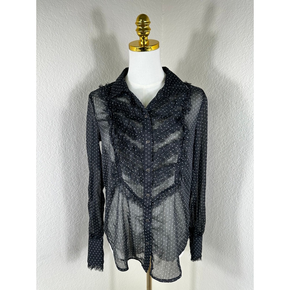 Free People Blouse Womens XS Black Polka Dot Sheer Ruffle Boho Whimsigoth